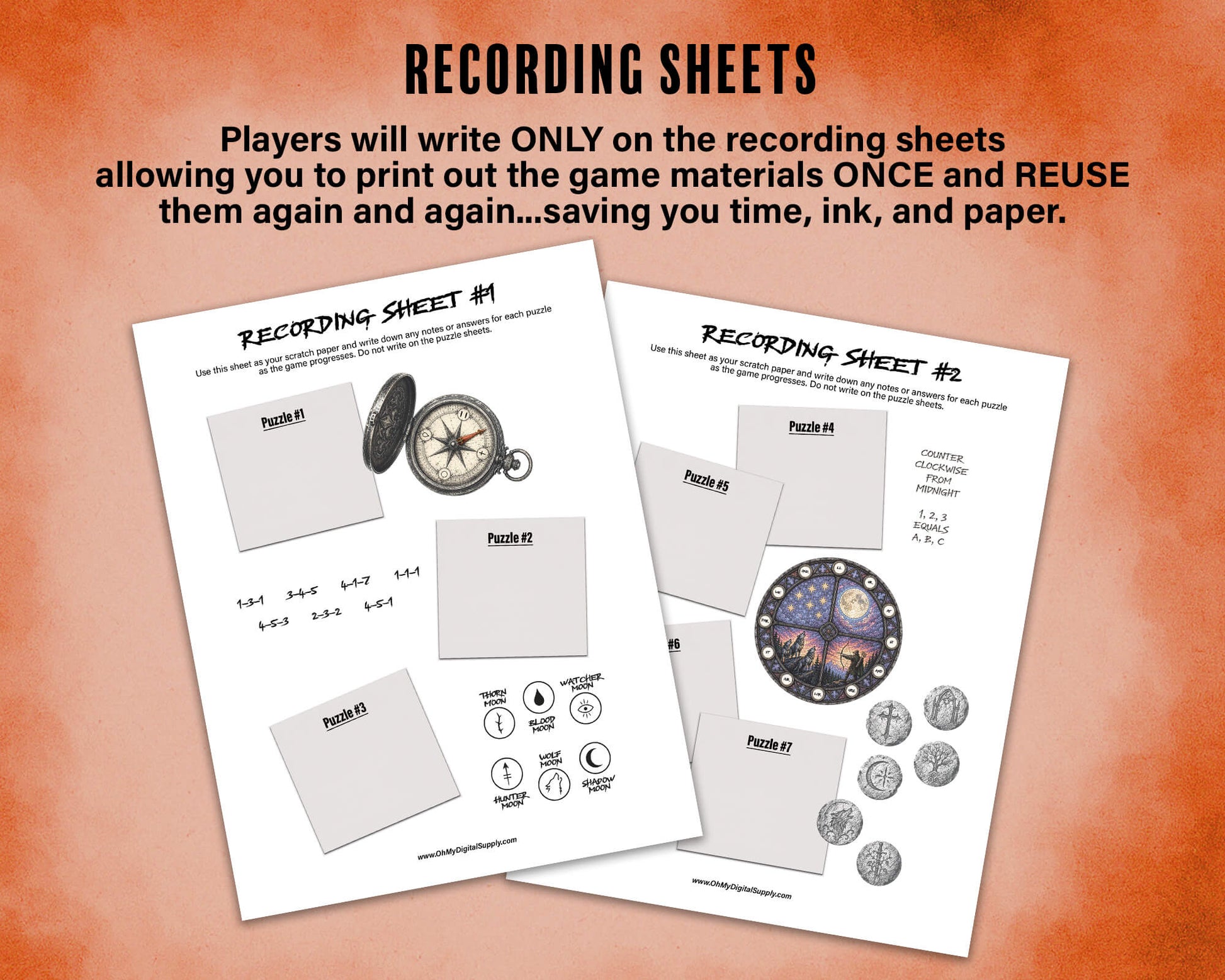 A printable Halloween escape room game called Blood Moon Rising with various puzzle sheets, story sheets, instructions, and facilitator guide all in printable PDF format. A 30 minute group activity for team-building or use as an icebreaker game.