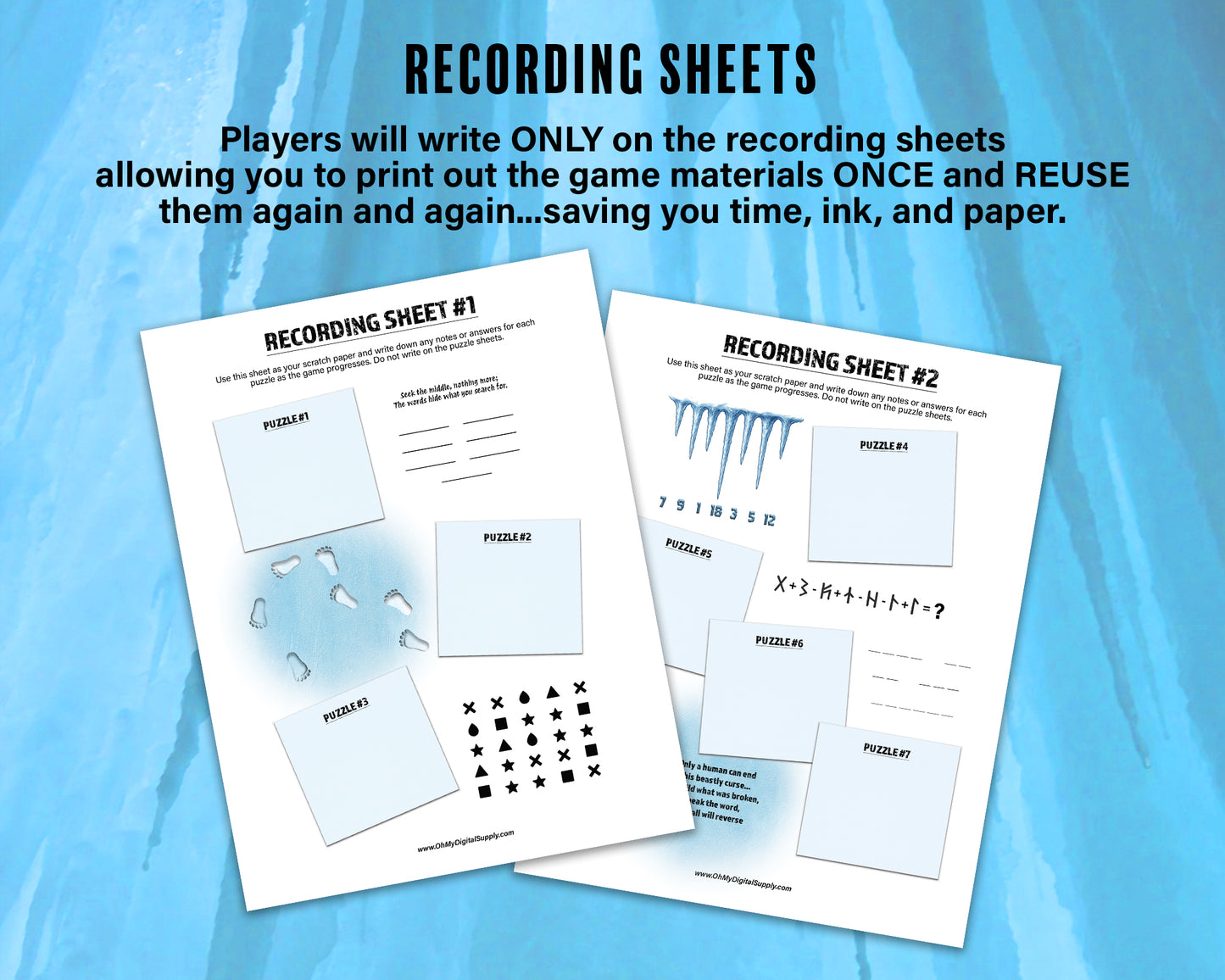 Escape Room: Curse of the Yeti, a printable team building game and icebreaker activity comprised of puzzle sheets in a printable PDF file format.