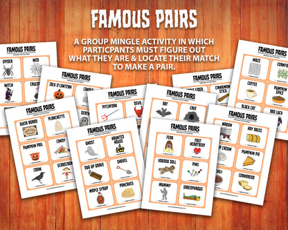 Famous Pairs Halloween & Fall group team building game and icebreaker activity. A digital PDF download containing instructions to play the game and Famous Pairs cards.