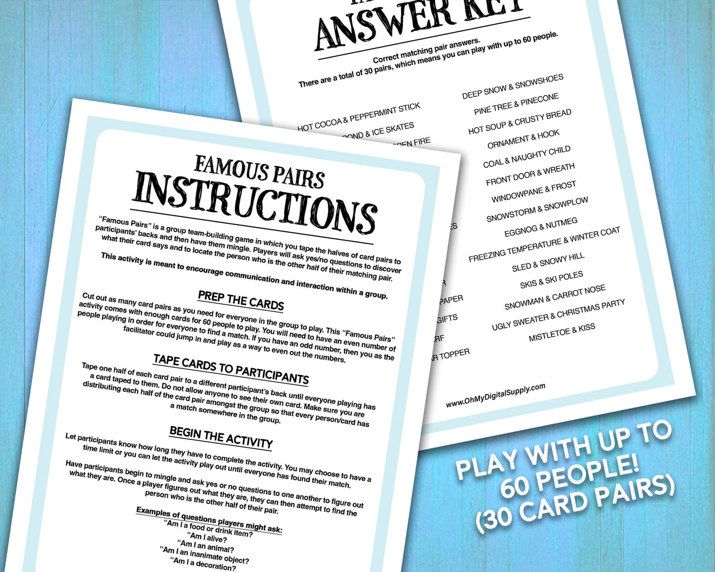 Famous Pairs Christmas & Winter group team building game and icebreaker activity. A digital PDF download containing instructions to play the game and Famous Pairs cards.