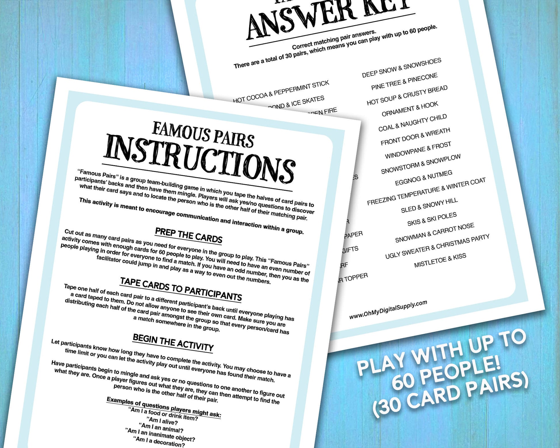 Famous Pairs Christmas & Winter group team building game and icebreaker activity. A digital PDF download containing instructions to play the game and Famous Pairs cards.