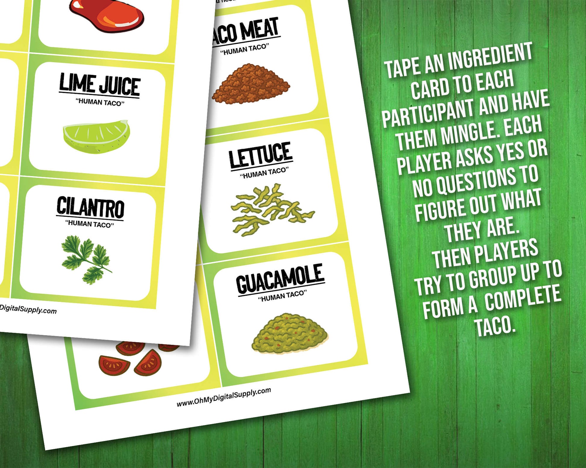 A printable team-building activity and group icebreaker game called Human Taco that includes an instructions sheet and taco ingredient cards that can be cut out. The printable sheets are downloadable PDF files.