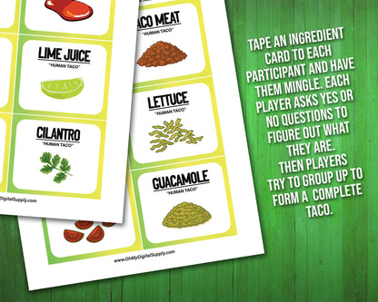A printable team-building activity and group icebreaker game called Human Taco that includes an instructions sheet and taco ingredient cards that can be cut out. The printable sheets are downloadable PDF files.