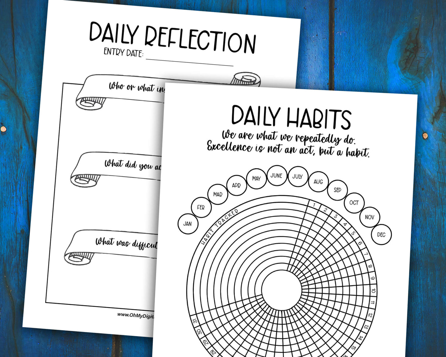 Habit Tracker, Daily Gratitude Chart, and Reflection Prompts Printables for Wellness Journaling