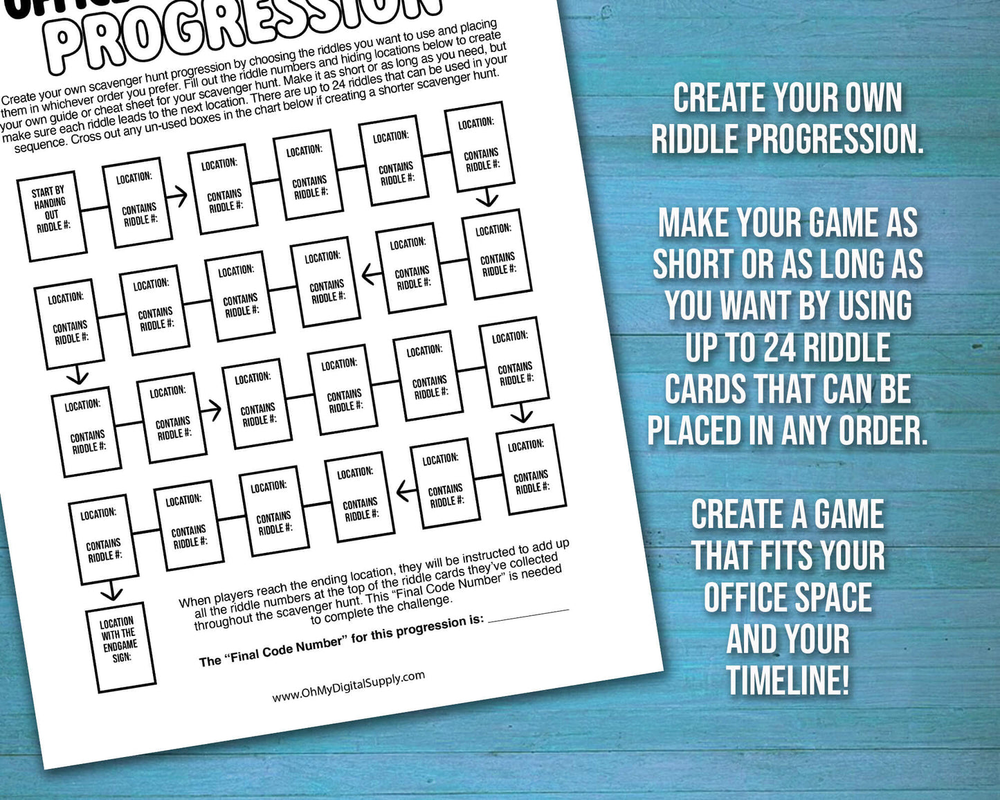 Office Scavenger Hunt printable team building activity with riddle cards, facilitator instructions, progression planning sheet, and answer key in a downloadable PDF file format. Play as a group team building game or icebreaker activity in the workplace.