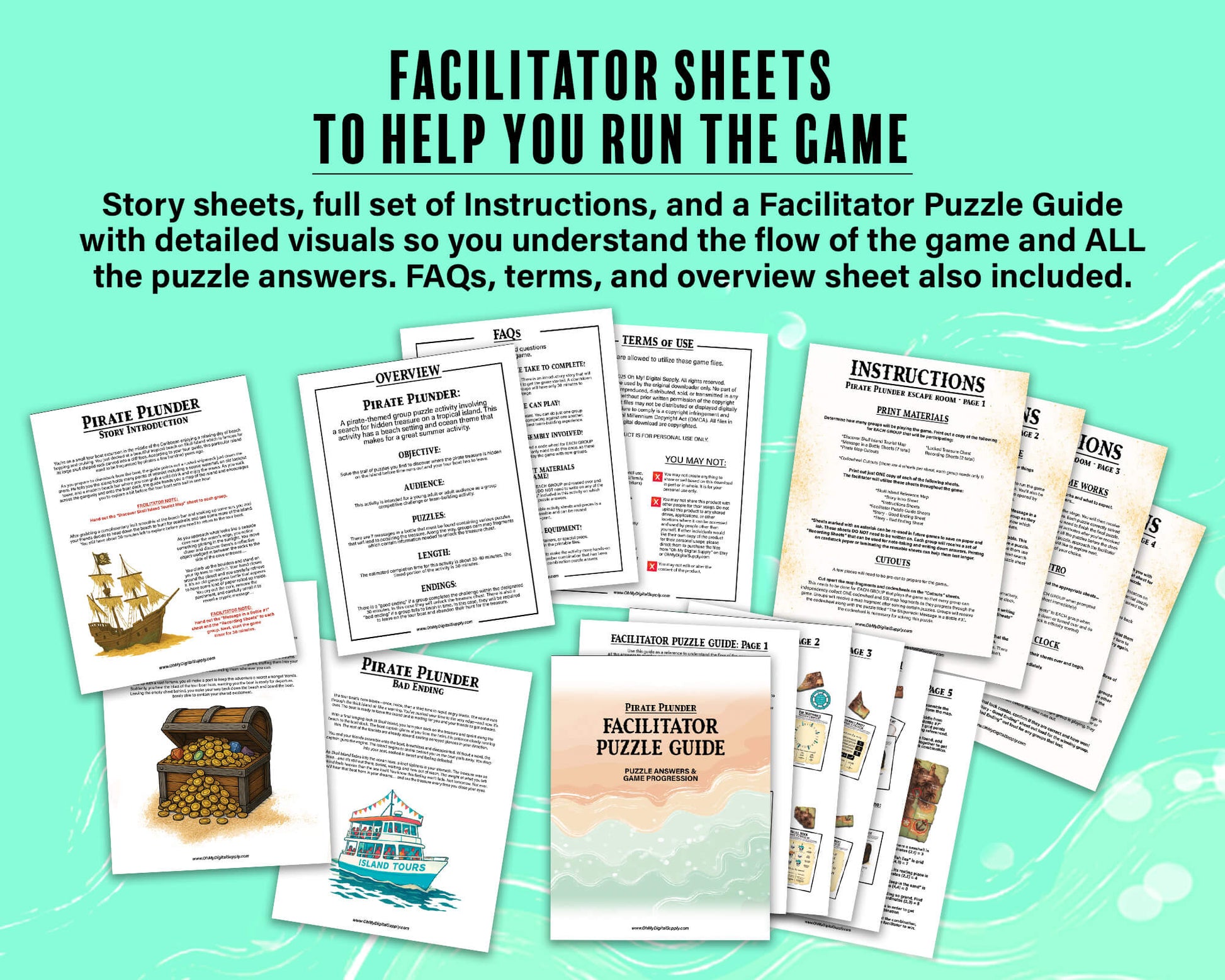A printable group escape room game called Pirate Plunder. This tropical island themed team building activity involves 7 puzzles with a final lock combination that must be solved in order to unlock the pirate treasure.