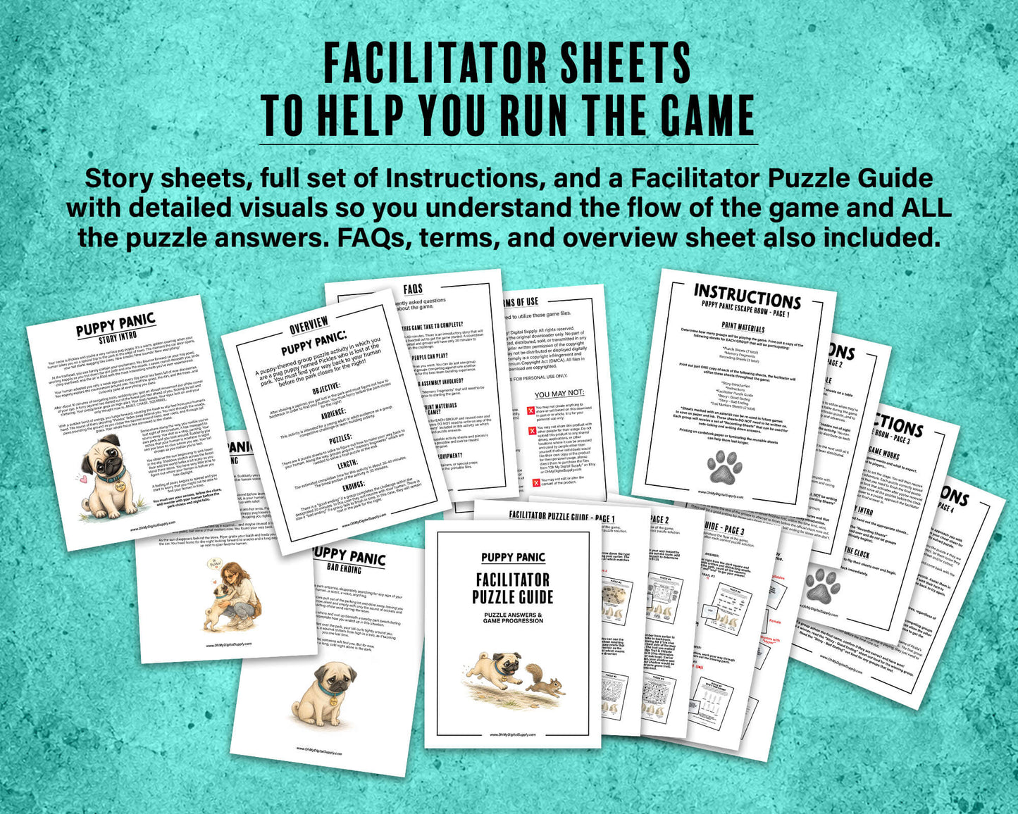 Puppy Panic is a printable Escape Room puzzle game for small groups! Great as a team building activity or icebreaker game. Players must solve 7 puzzles within a 30 minute time limit. This pug themed game includes an intro story as well as good and bad story endings.