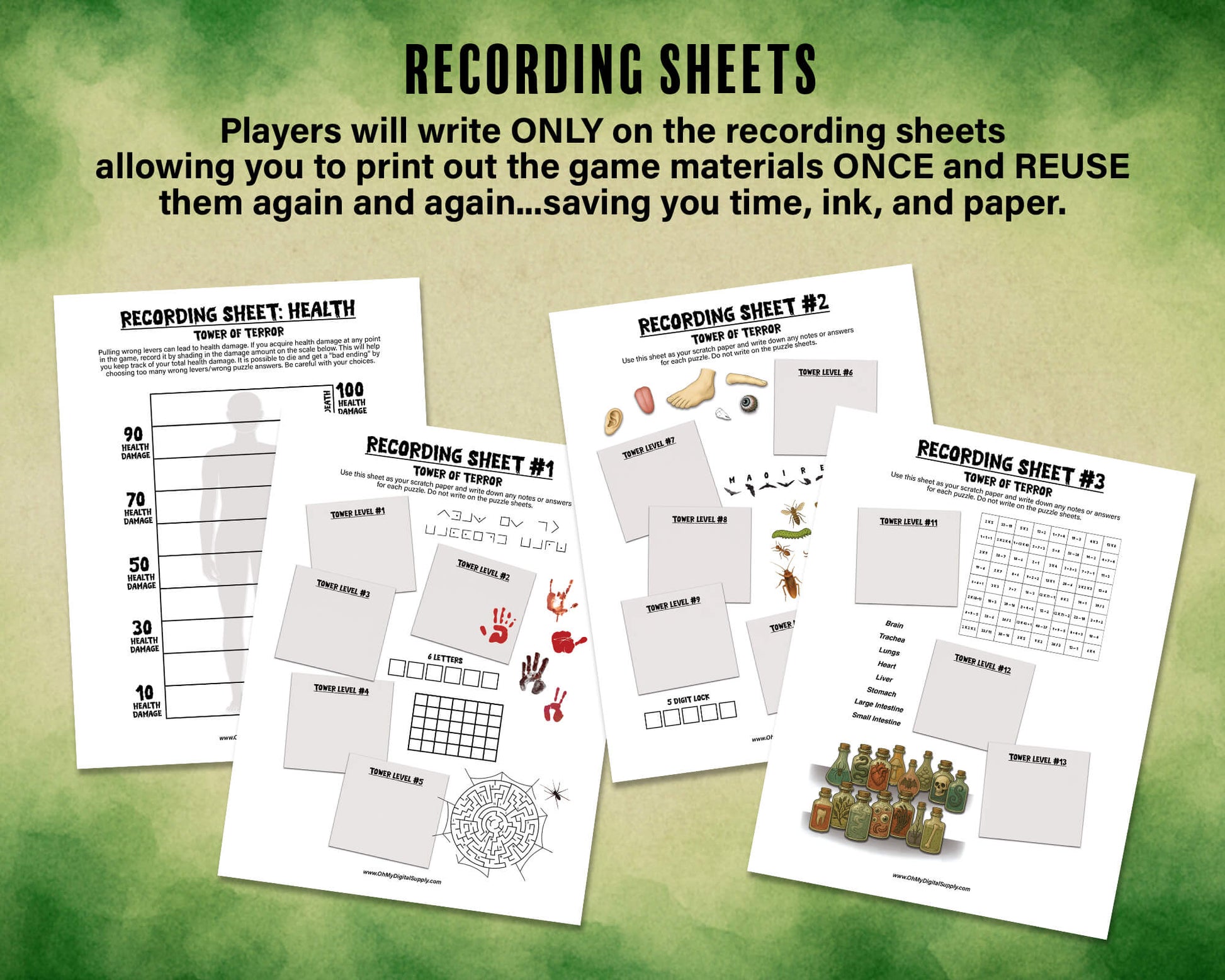 A printable Halloween horror Escape Room game called Tower of Terror for group team-building or playing as an icebreaker game. Various printable PDF sheets with puzzles, props, read-aloud story sheets, and facilitator instructions and guide.
