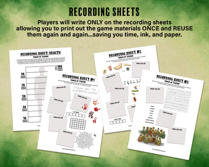 A printable Halloween horror Escape Room game called Tower of Terror for group team-building or playing as an icebreaker game. Various printable PDF sheets with puzzles, props, read-aloud story sheets, and facilitator instructions and guide.