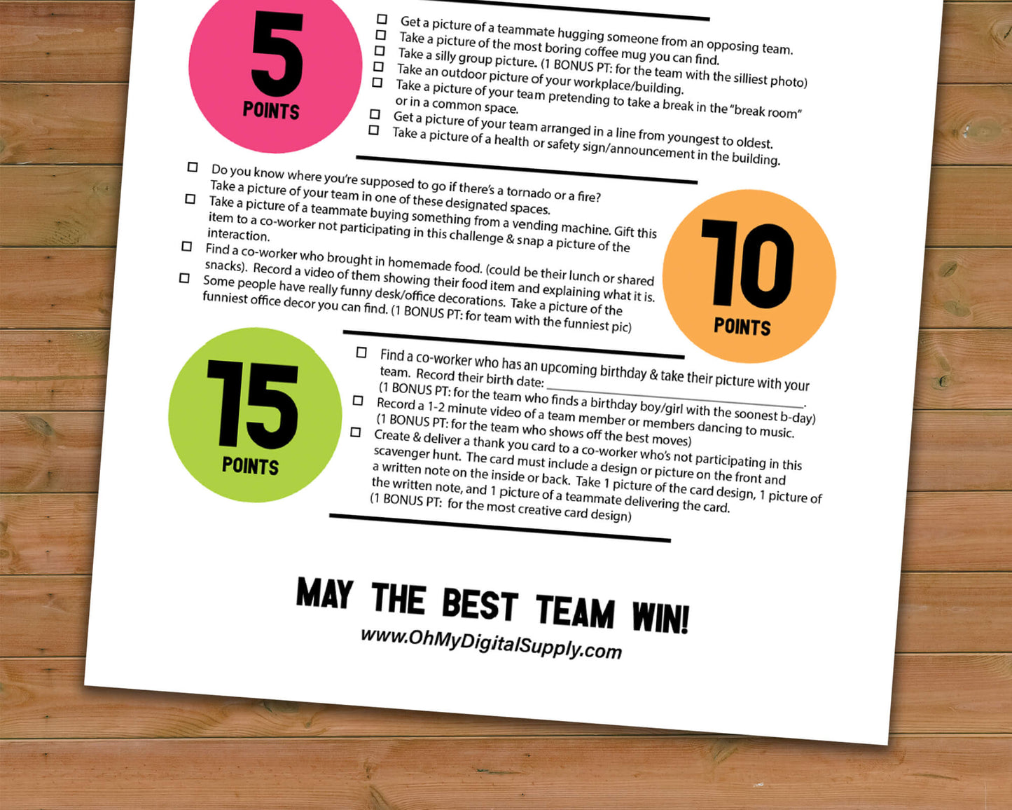 Workplace Scavenger Hunt Printable Staff Team Building Game and Icebreaker Challenge (Version #2)