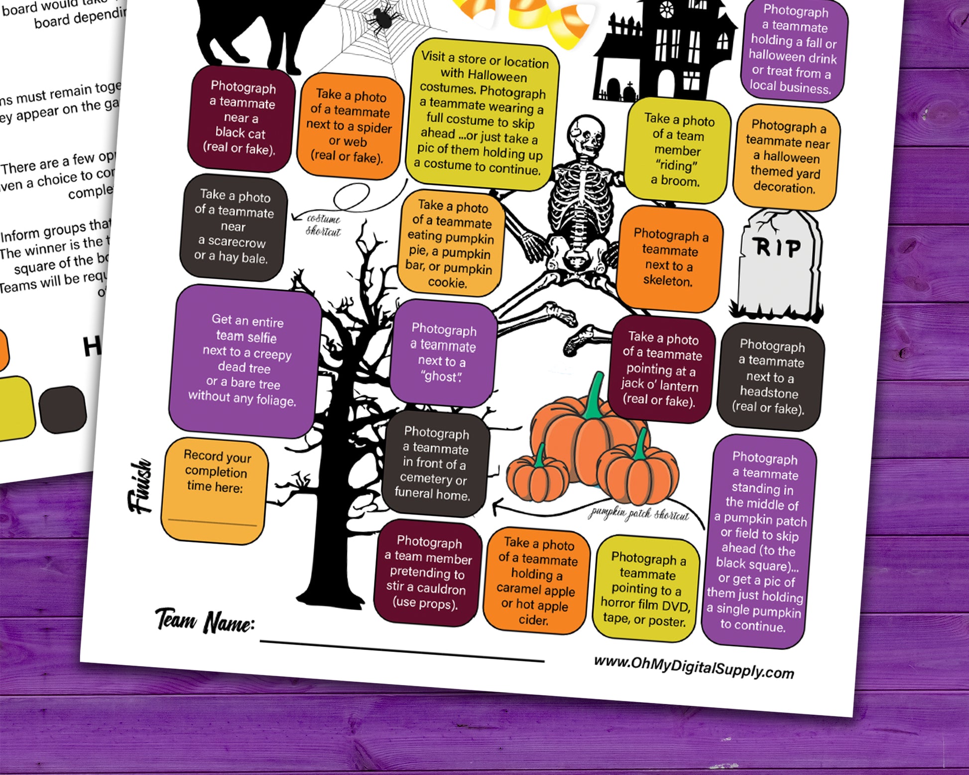 A printable team scavenger hunt activity called Around Town Halloween Team Scavenger Hunt. The worksheet looks like a game board where each square has a task you need to complete in order to advance. All tasks are Halloween themed.