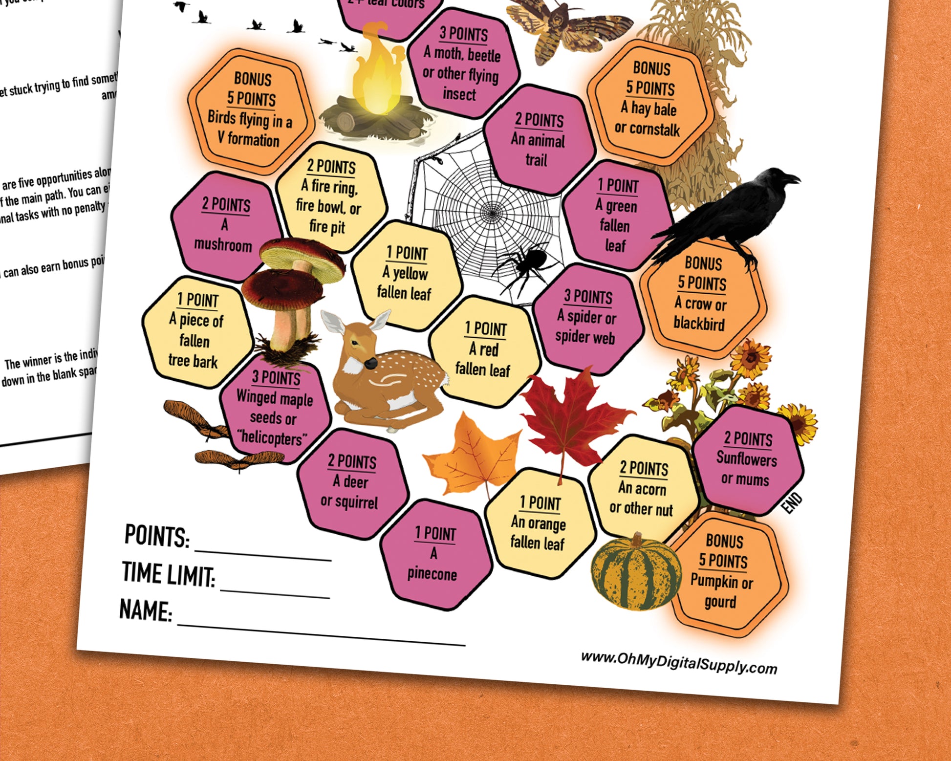 A printable nature trek outdoor fall scavenger hunt competitive team building activity. The worksheet looks like a game board where each spot on the board has an item you need to find to earn points and advance along the path.