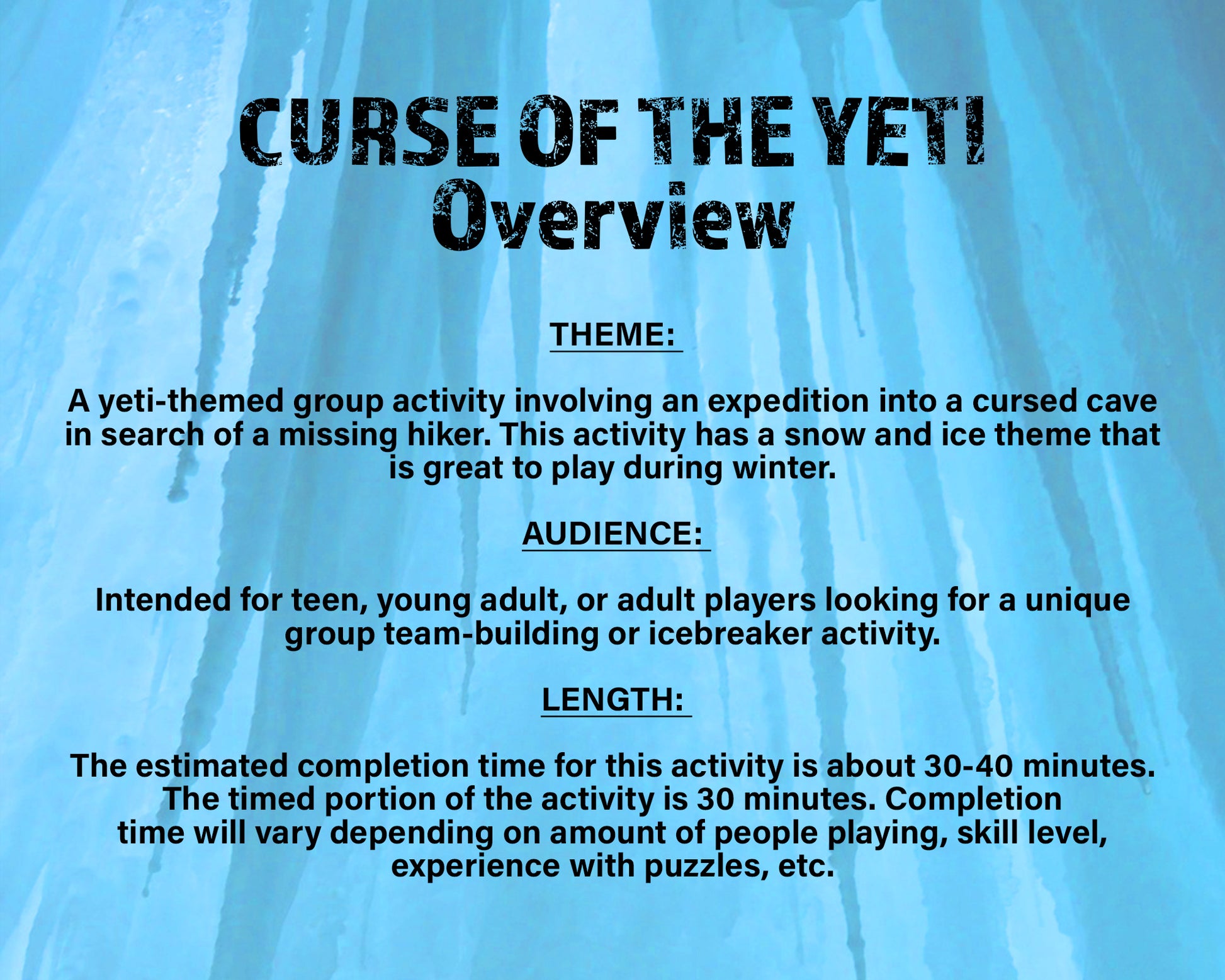 Escape Room: Curse of the Yeti, a printable team building game and icebreaker activity comprised of puzzle sheets in a printable PDF file format.
