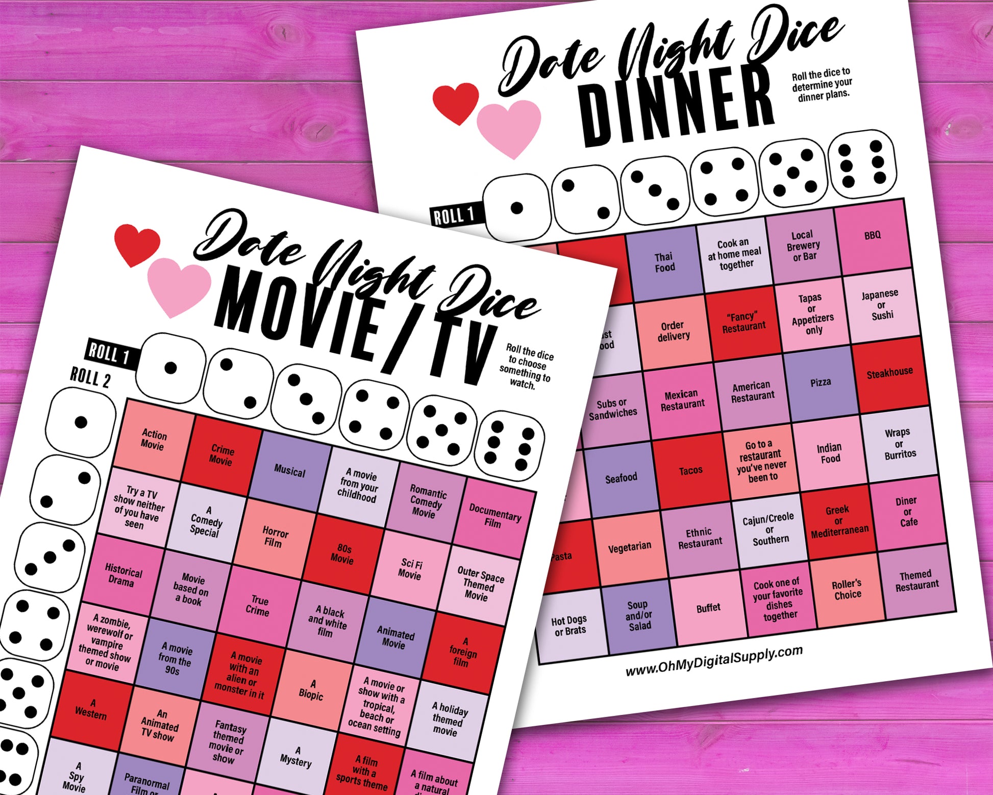 Date Night Dice printable activity where you roll a 3D paper dice to choose dinner, a movie, and an activity for date night.