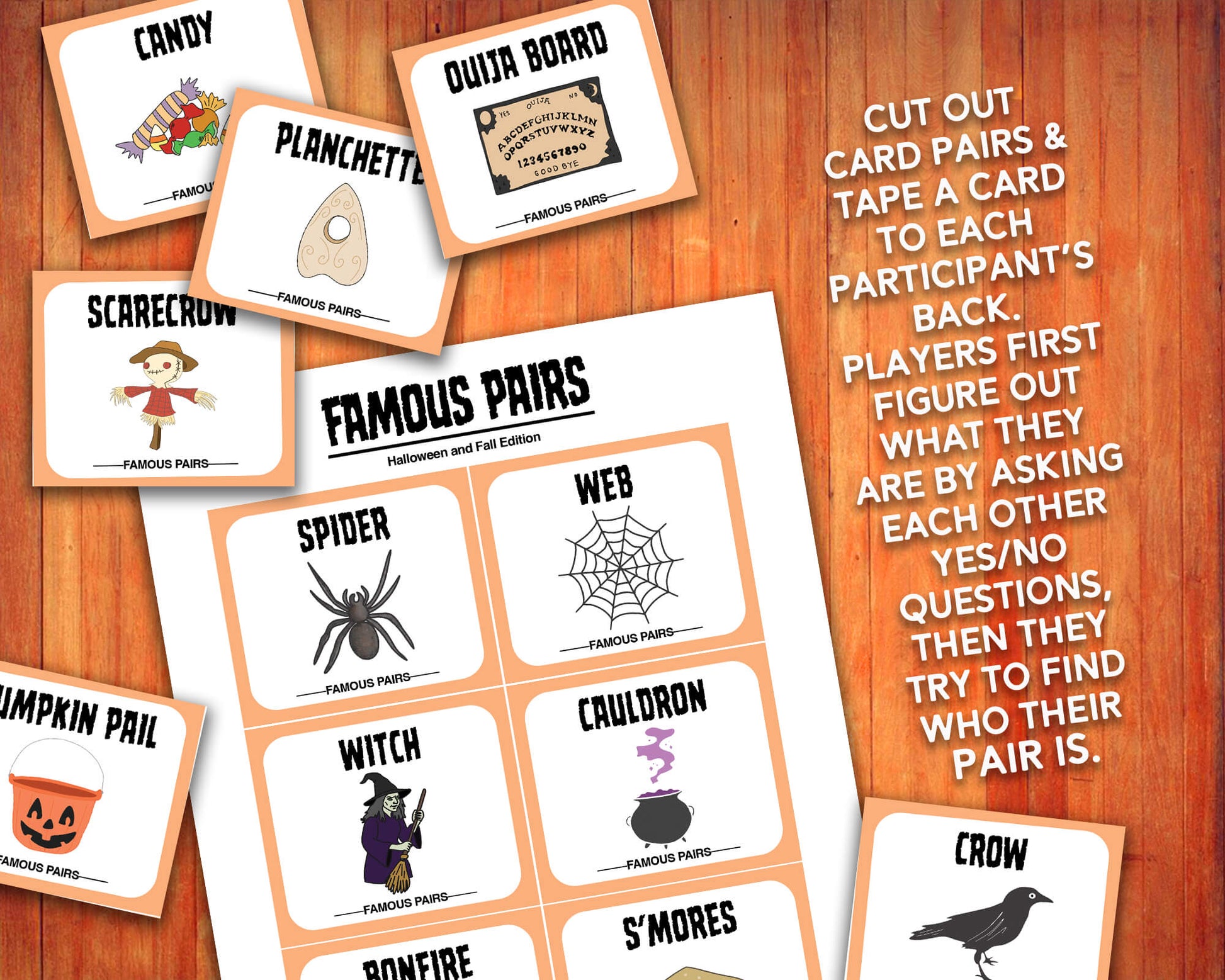 Famous Pairs Halloween & Fall group team building game and icebreaker activity. A digital PDF download containing instructions to play the game and Famous Pairs cards.