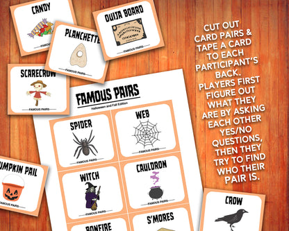 Famous Pairs Halloween & Fall group team building game and icebreaker activity. A digital PDF download containing instructions to play the game and Famous Pairs cards.