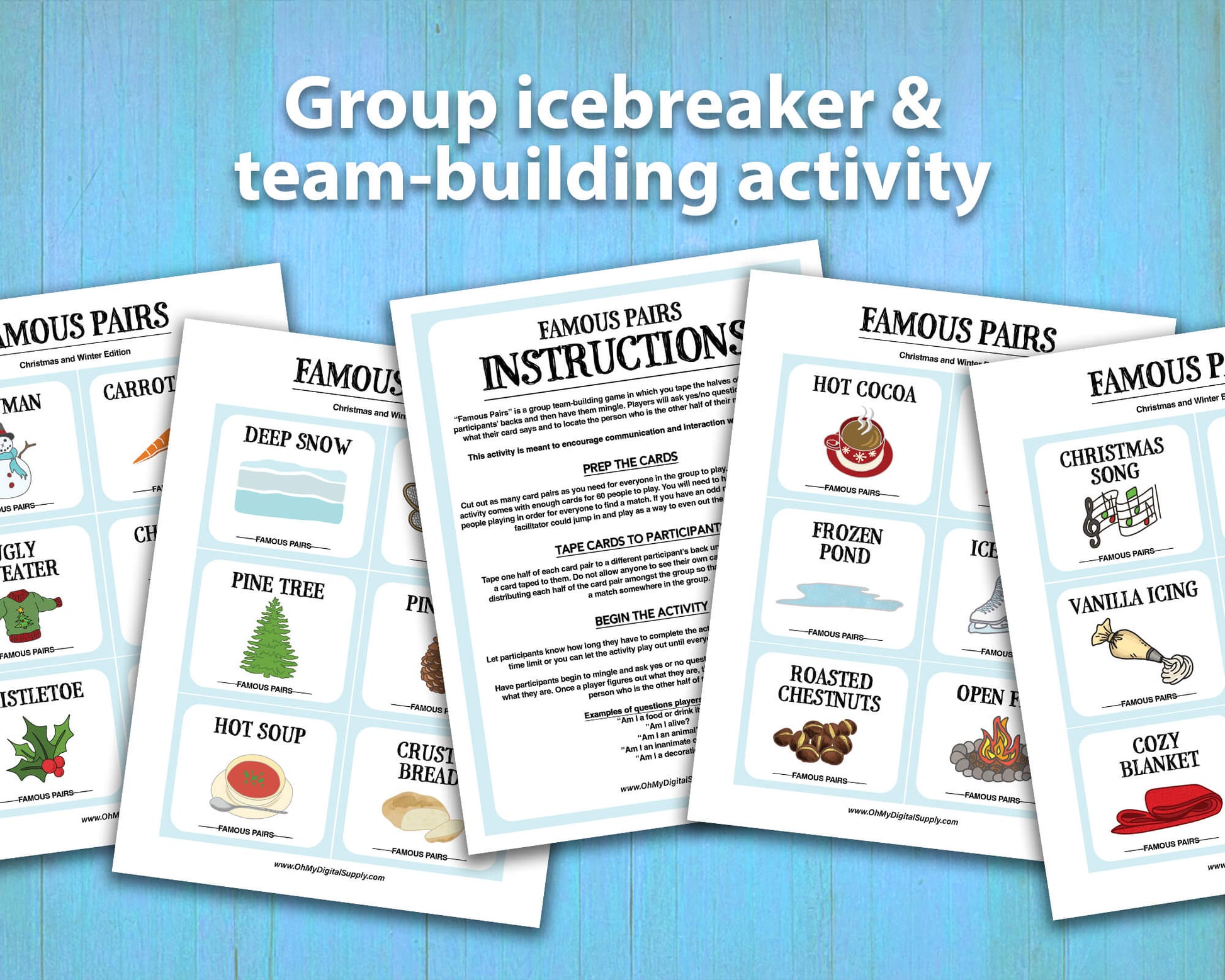 Famous Pairs Christmas & Winter group team building game and icebreaker activity. A digital PDF download containing instructions to play the game and Famous Pairs cards.