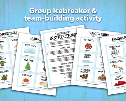 Famous Pairs Christmas & Winter group team building game and icebreaker activity. A digital PDF download containing instructions to play the game and Famous Pairs cards.