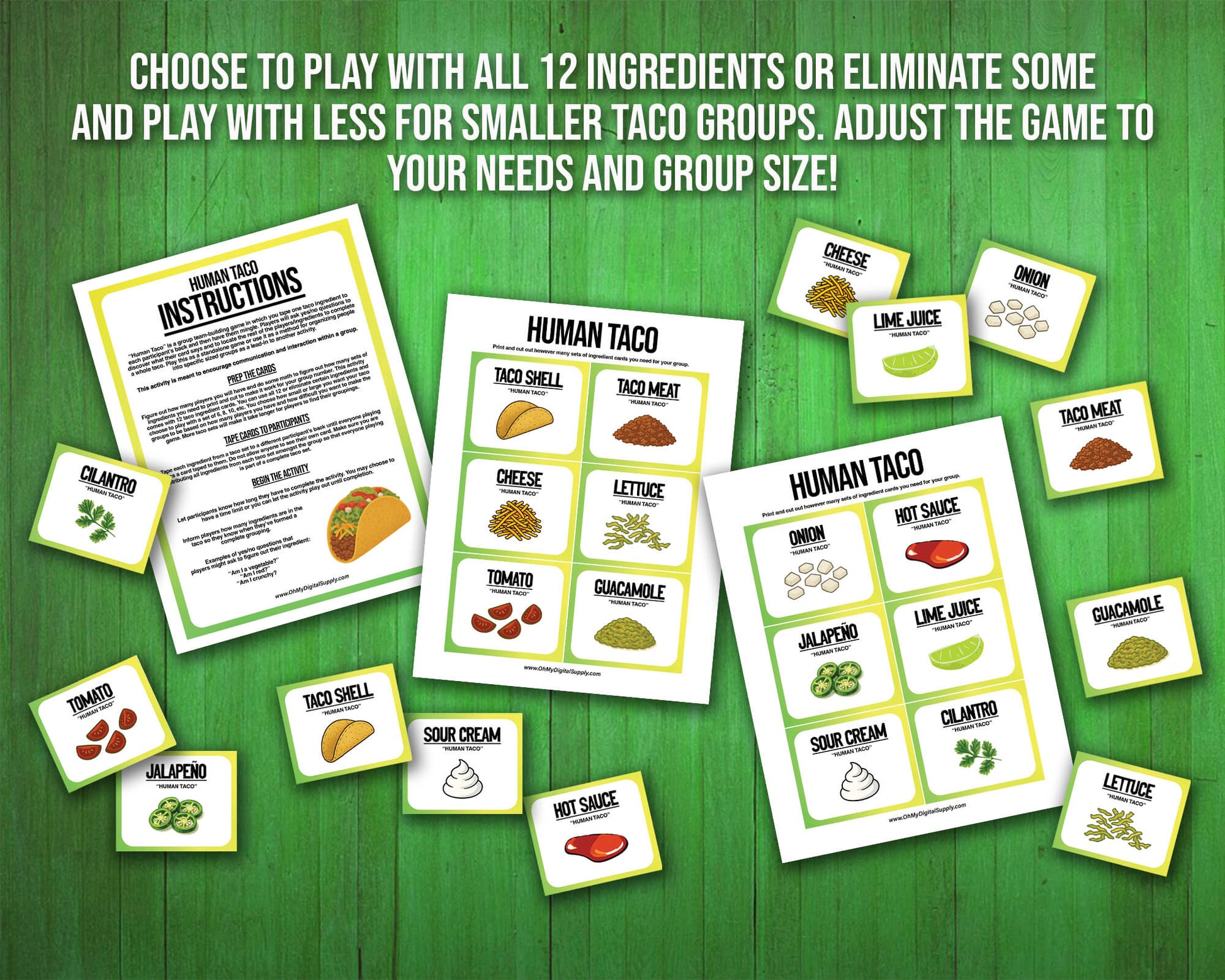 A printable team-building activity and group icebreaker game called Human Taco that includes an instructions sheet and taco ingredient cards that can be cut out. The printable sheets are downloadable PDF files.