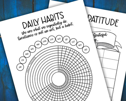 Habit Tracker, Daily Gratitude Chart, and Reflection Prompts Printables for Wellness Journaling