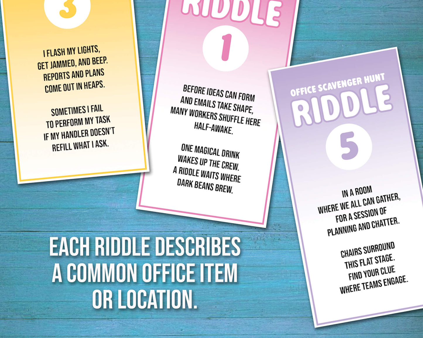 Office Scavenger Hunt printable team building activity with riddle cards, facilitator instructions, progression planning sheet, and answer key in a downloadable PDF file format. Play as a group team building game or icebreaker activity in the workplace.