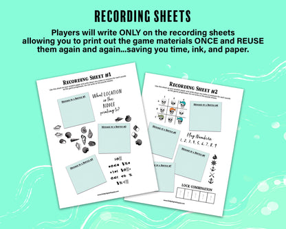 A printable group escape room game called Pirate Plunder. This tropical island themed team building activity involves 7 puzzles with a final lock combination that must be solved in order to unlock the pirate treasure.