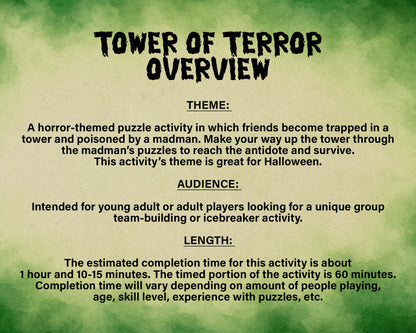 A printable Halloween horror Escape Room game called Tower of Terror for group team-building or playing as an icebreaker game. Various printable PDF sheets with puzzles, props, read-aloud story sheets, and facilitator instructions and guide.