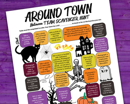 A printable team scavenger hunt activity called Around Town Halloween Team Scavenger Hunt. The worksheet looks like a game board where each square has a task you need to complete in order to advance. All tasks are Halloween themed.