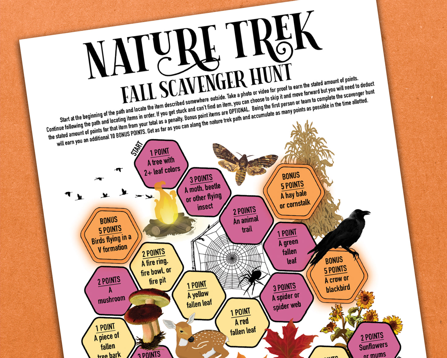 A printable nature trek outdoor fall scavenger hunt competitive team building activity. The worksheet looks like a game board where each spot on the board has an item you need to find to earn points and advance along the path.