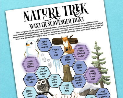 A printable nature trek outdoor winter scavenger hunt competitive team building activity. The worksheet looks like a game board where each spot on the board has an item you need to find to earn points and advance along the path.
