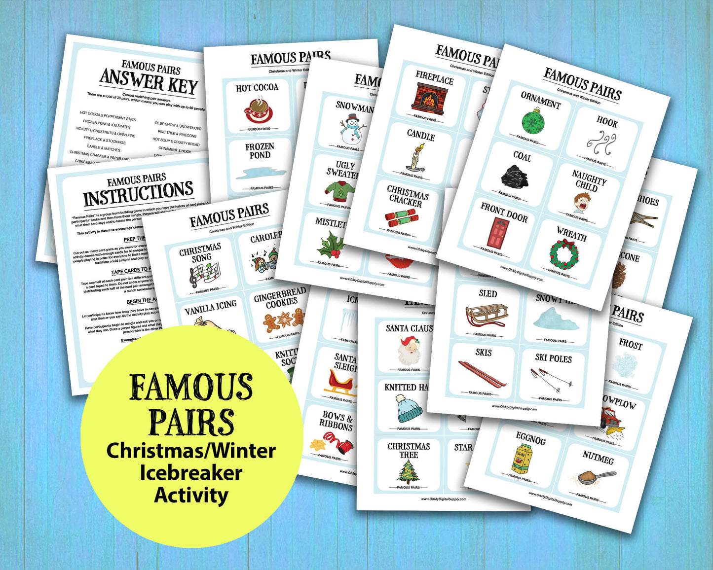 Famous Pairs Christmas & Winter group team building game and icebreaker activity. A digital PDF download containing instructions to play the game and Famous Pairs cards.