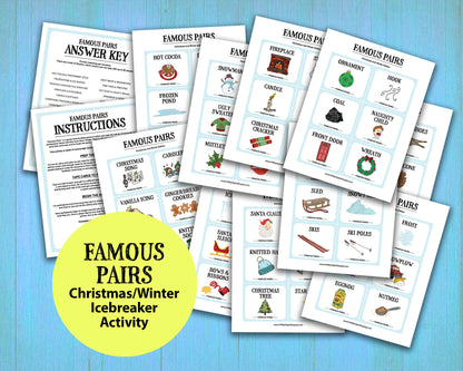 Famous Pairs Christmas & Winter group team building game and icebreaker activity. A digital PDF download containing instructions to play the game and Famous Pairs cards.