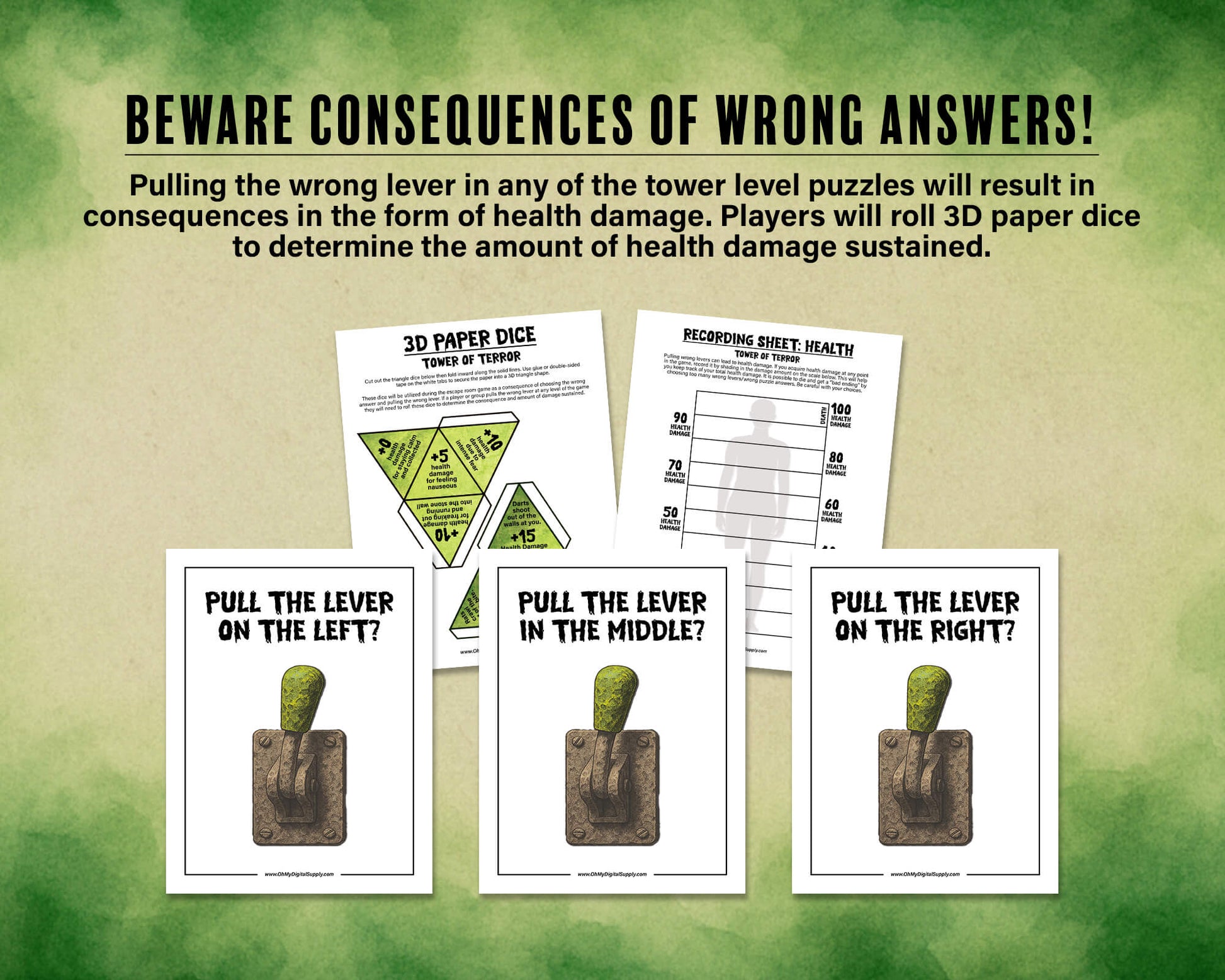 A printable Halloween horror Escape Room game called Tower of Terror for group team-building or playing as an icebreaker game. Various printable PDF sheets with puzzles, props, read-aloud story sheets, and facilitator instructions and guide.