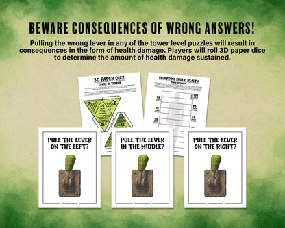 A printable Halloween horror Escape Room game called Tower of Terror for group team-building or playing as an icebreaker game. Various printable PDF sheets with puzzles, props, read-aloud story sheets, and facilitator instructions and guide.