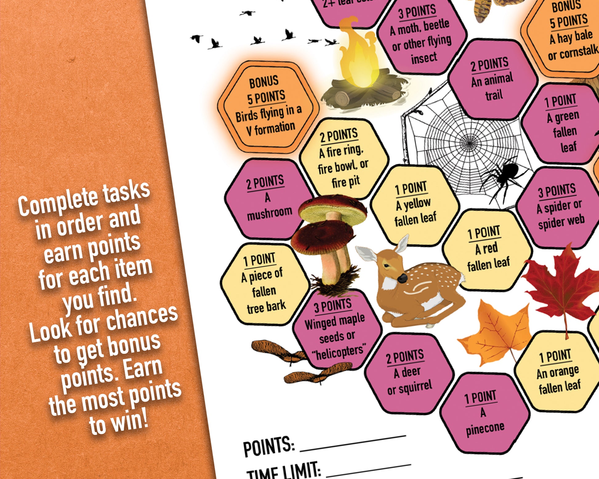 A printable nature trek outdoor fall scavenger hunt competitive team building activity. The worksheet looks like a game board where each spot on the board has an item you need to find to earn points and advance along the path.