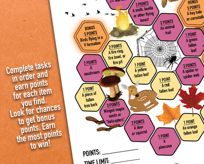 A printable nature trek outdoor fall scavenger hunt competitive team building activity. The worksheet looks like a game board where each spot on the board has an item you need to find to earn points and advance along the path.