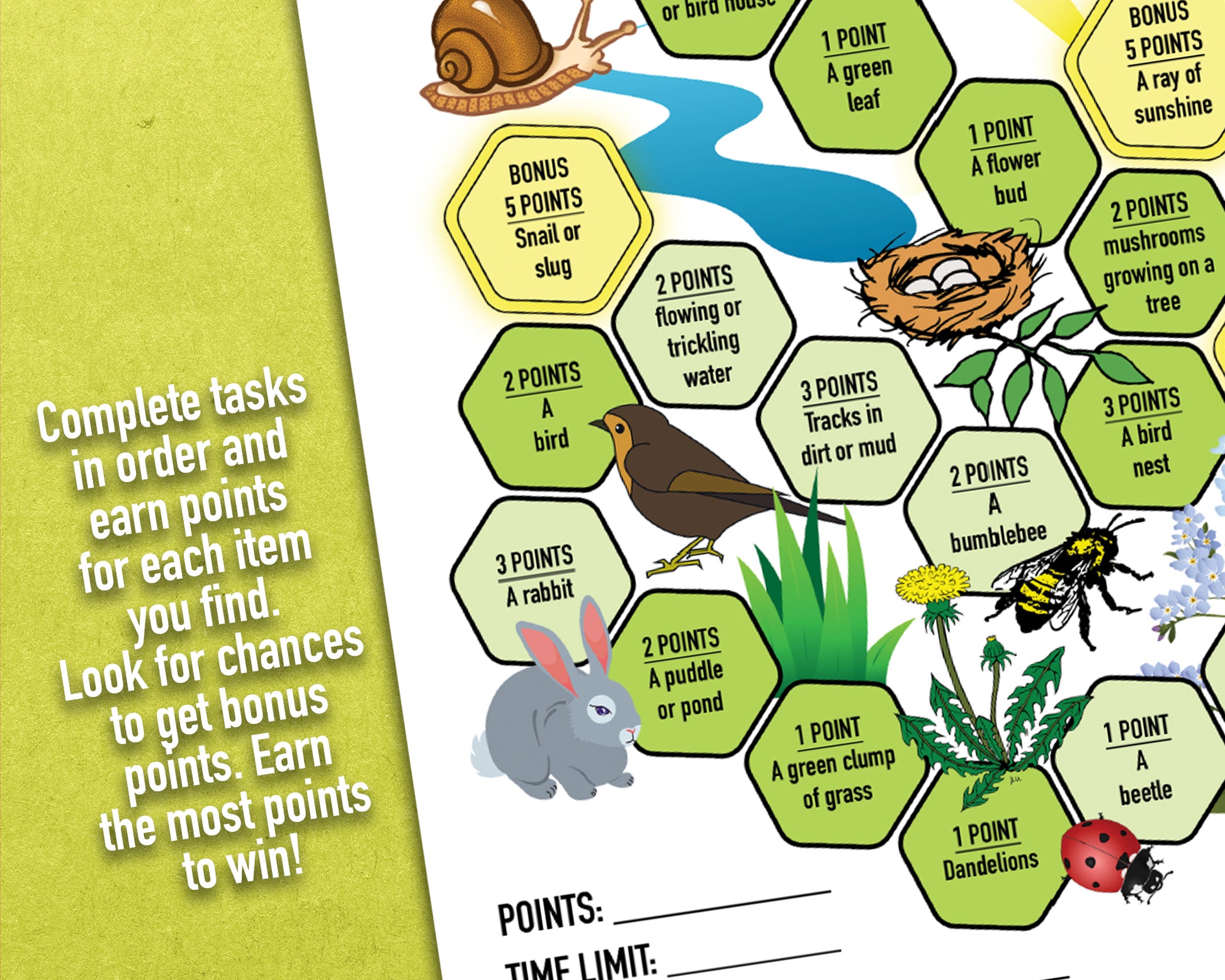 A printable nature trek outdoor spring scavenger hunt competitive team building activity. The worksheet looks like a game board where each spot on the board has an item you need to find to earn points and advance along the path.