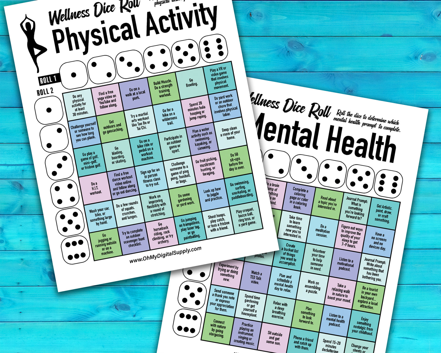 Wellness Dice Roll Printable Decision Game, Dice Roll Wellness Activity for Self Care and Physical and Mental Health