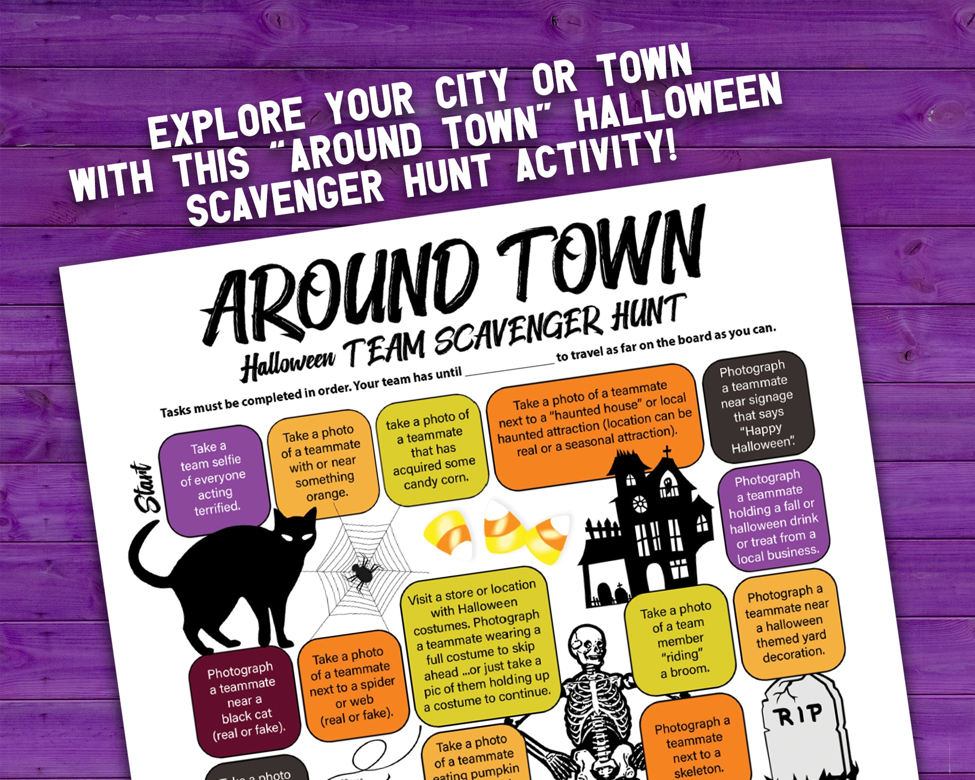 A printable team scavenger hunt activity called Around Town Halloween Team Scavenger Hunt. The worksheet looks like a game board where each square has a task you need to complete in order to advance. All tasks are Halloween themed.