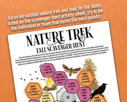 A printable nature trek outdoor fall scavenger hunt competitive team building activity. The worksheet looks like a game board where each spot on the board has an item you need to find to earn points and advance along the path.