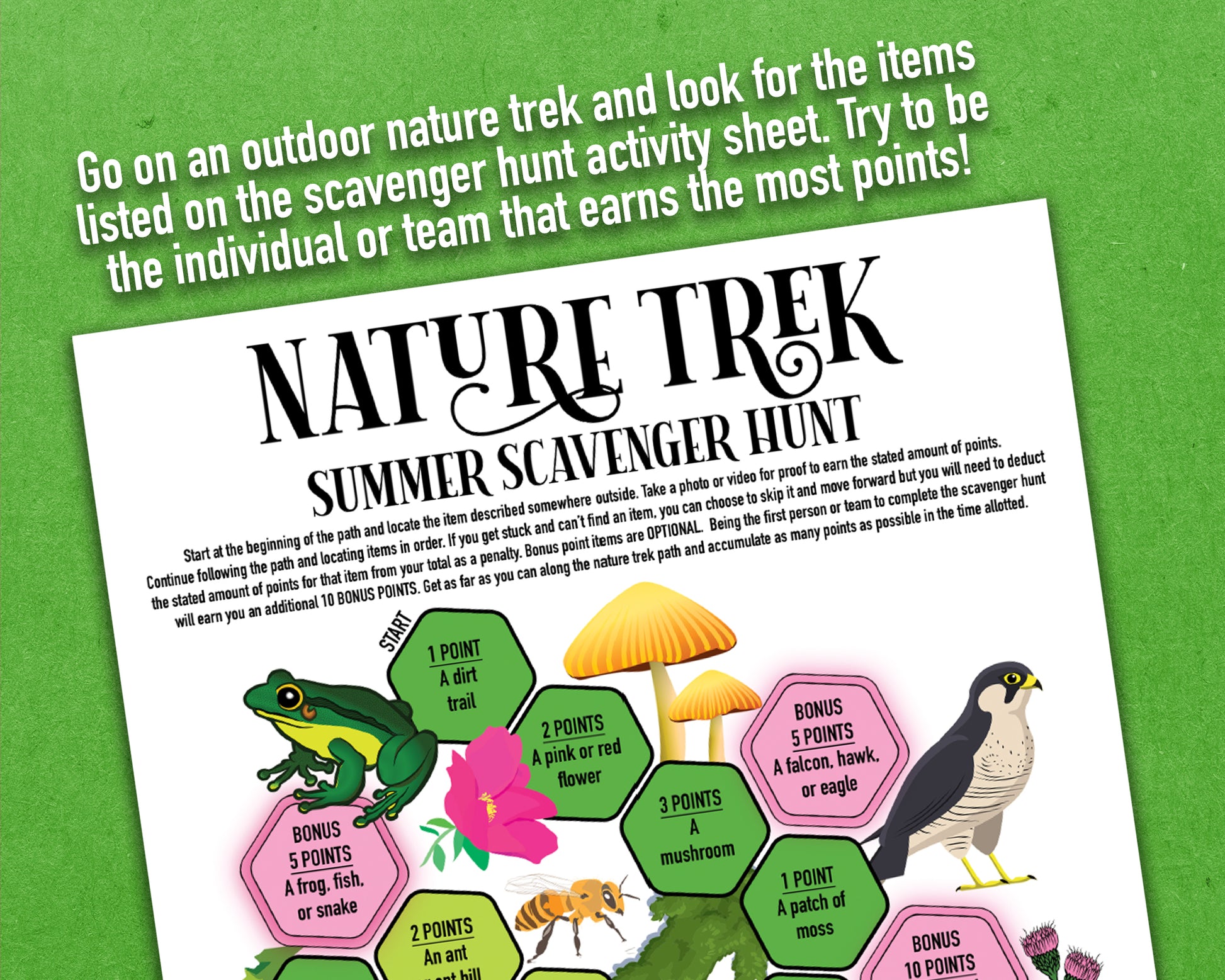 A printable nature trek outdoor summer scavenger hunt competitive team building activity. The worksheet looks like a game board where each spot on the board has an item you need to find to earn points and advance along the path.