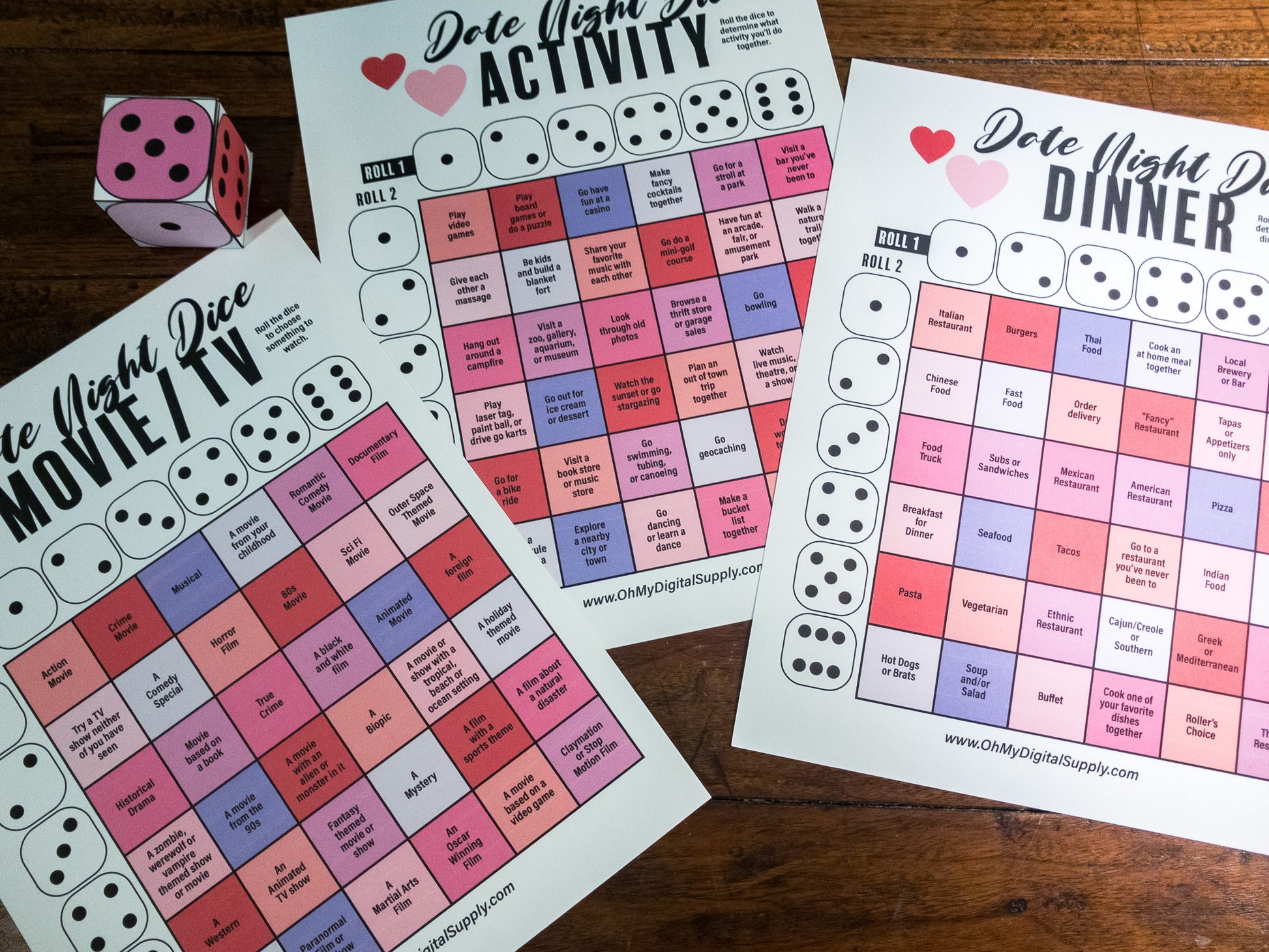 Date Night Dice printable activity where you roll a 3D paper dice to choose dinner, a movie, and an activity for date night.