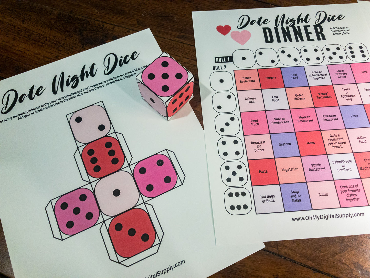 Date Night Dice printable activity where you roll a 3D paper dice to choose dinner, a movie, and an activity for date night.