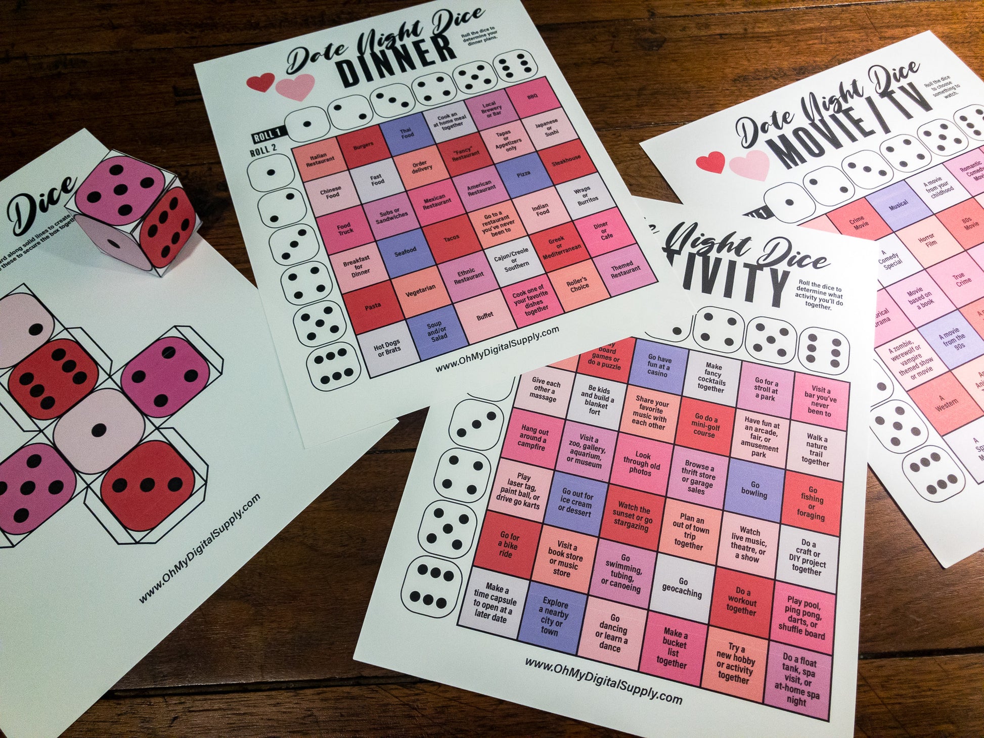 Date Night Dice printable activity where you roll a 3D paper dice to choose dinner, a movie, and an activity for date night.