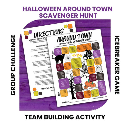 A printable team scavenger hunt activity called Around Town Halloween Team Scavenger Hunt. The worksheet looks like a game board where each square has a task you need to complete in order to advance. All tasks are Halloween themed.