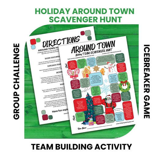 A printable team scavenger hunt activity called Around Town Holiday Team Scavenger Hunt. The worksheet looks like a game board where each square has a task you need to complete in order to advance. All tasks are Holiday themed.