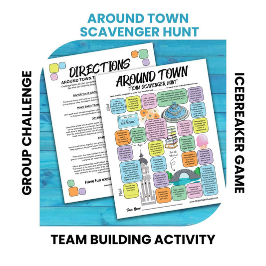 A printable team scavenger hunt activity called Around Town Team Scavenger Hunt. The worksheet looks like a game board where each square has a task you need to complete in order to advance.