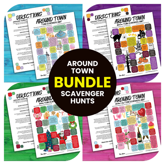 A bundle of printable team scavenger hunt activities called Around Town Team Scavenger Hunt. Bundle includes original version, Halloween, Holiday, and Valentines Day versions.