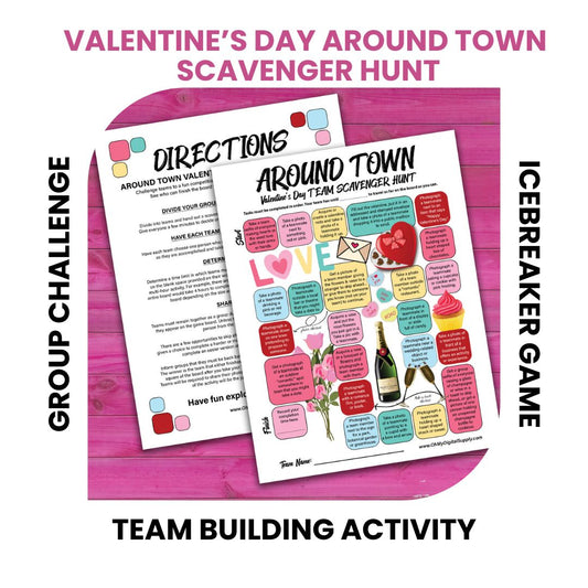 A printable team scavenger hunt activity called Around Town Valentines Day Team Scavenger Hunt. The worksheet looks like a game board where each square has a task you need to complete in order to advance. All tasks are Valentine themed.