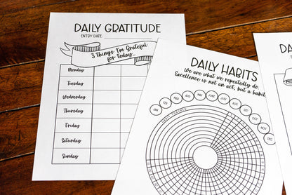 Habit Tracker, Daily Gratitude Chart, and Reflection Prompts Printables for Wellness Journaling